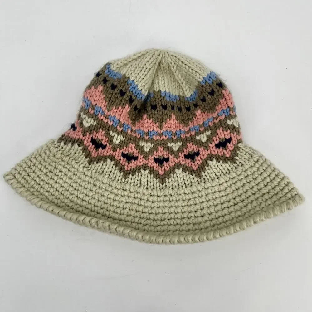Free People High Road Fairisle Bucket Hat One Size Knit Pink Cream Blue Tan